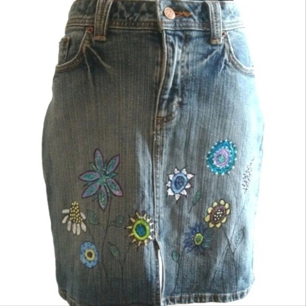 Upcycled & Hand-Painted Funky Floral Vintage Riders Copper‎ Jean Skirt Size 5/6